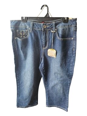 One 5 One Pants Womens Blue Denim Jeans Capri Size 12 Embroidered Y2k